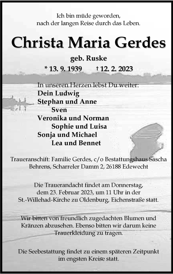 Traueranzeige von Christa Maria Gerdes von Nordwest-Zeitung