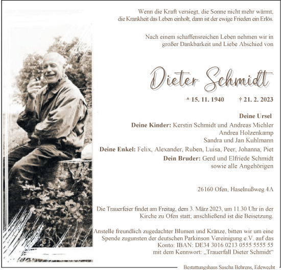 Traueranzeige von Dieter Schmidt von Nordwest-Zeitung