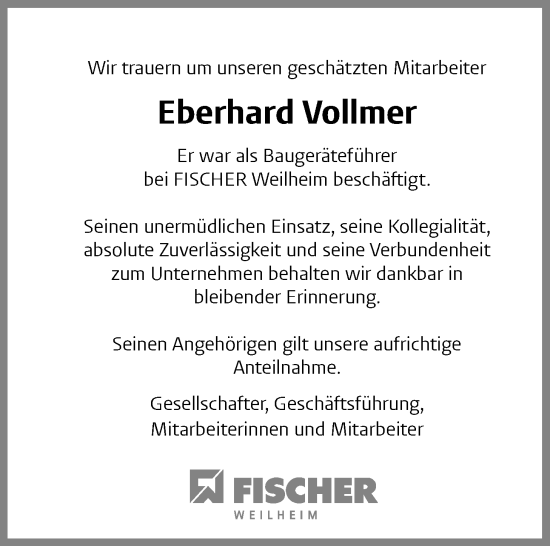 Traueranzeige von Eberhard Vollmer von Nordwest-Zeitung
