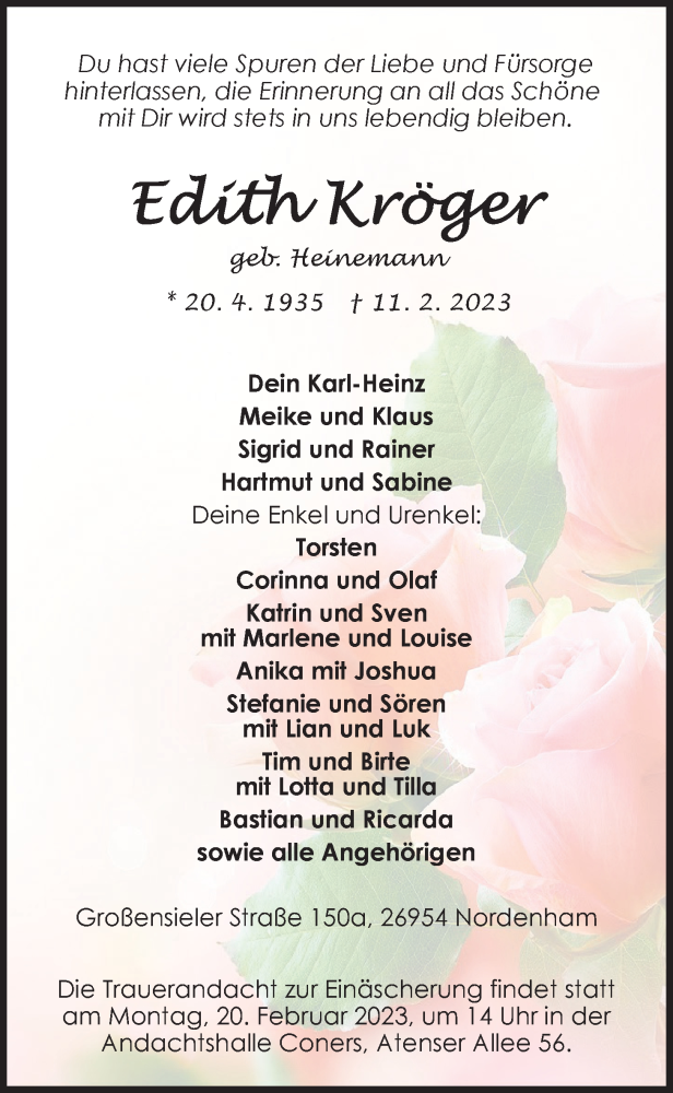  Traueranzeige für Edith Kröger vom 16.02.2023 aus Nordwest-Zeitung