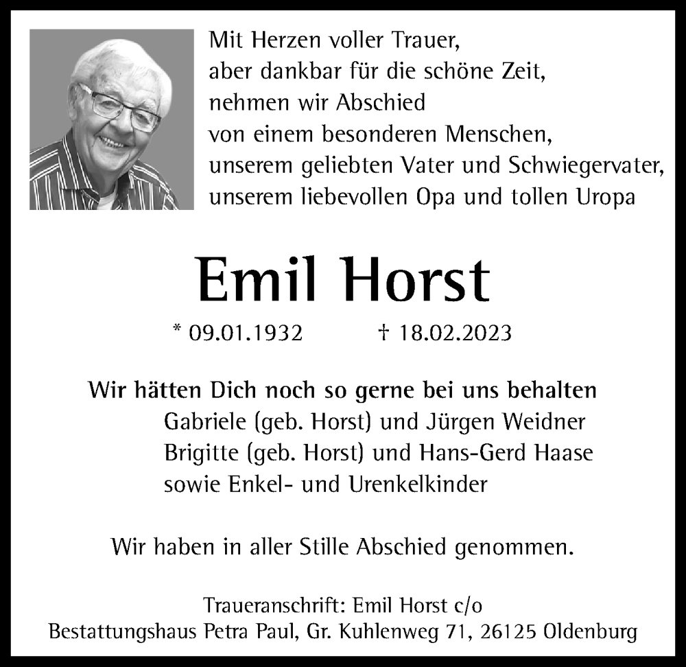 Traueranzeigen Von Emil Horst | Nordwest-trauer.de