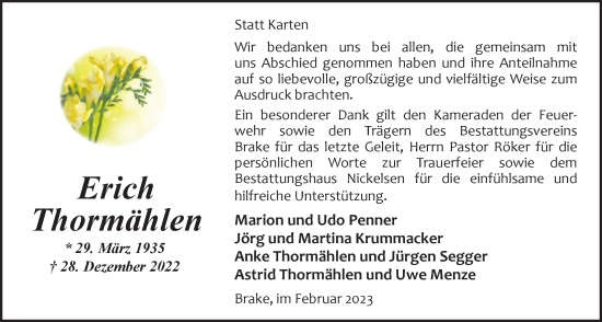 Traueranzeige von Erich Thormählen von Nordwest-Zeitung