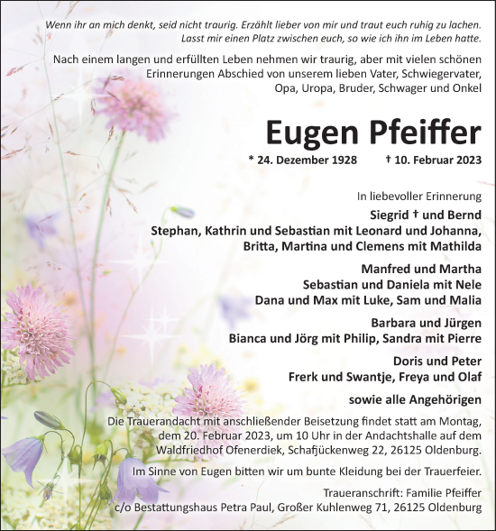 Traueranzeige von Eugen Pfeiffer von Nordwest-Zeitung