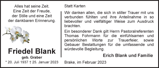 Traueranzeige von Friedel Blank von Nordwest-Zeitung