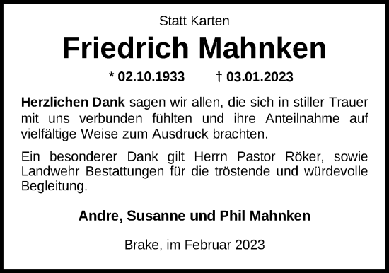 Traueranzeige von Friedrich Mahnken von Nordwest-Zeitung