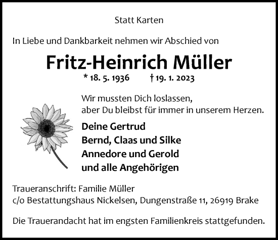 Traueranzeige von Fritz-Heinrich Müller von Nordwest-Zeitung