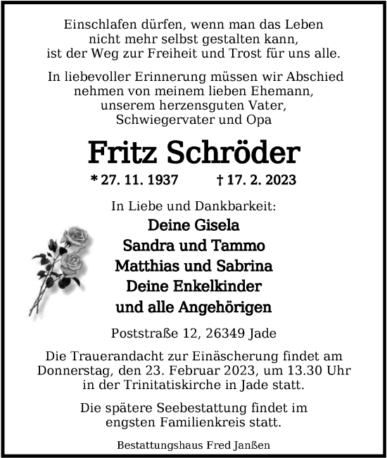 Traueranzeige von Fritz Schröder von Nordwest-Zeitung