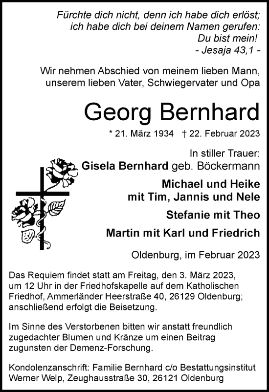 Traueranzeige von Georg Bernhard von Nordwest-Zeitung