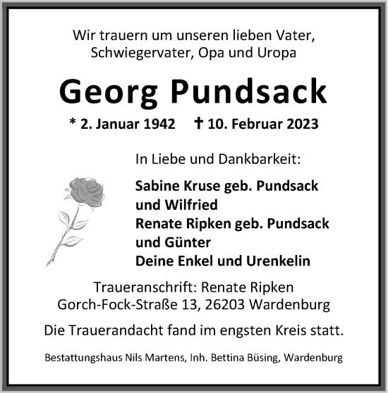 Traueranzeige von Georg Pundsack von Nordwest-Zeitung