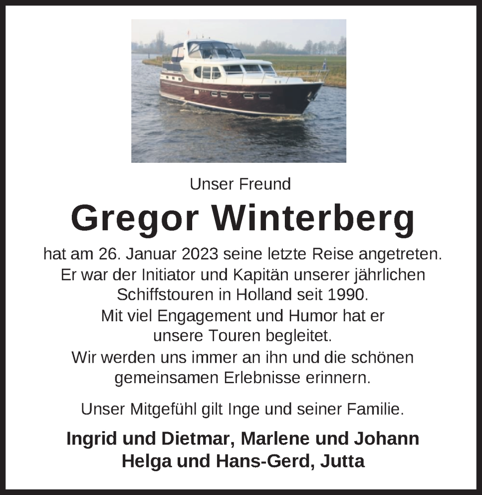  Traueranzeige für Gregor Winterberg vom 04.02.2023 aus Nordwest-Zeitung
