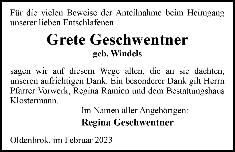  Traueranzeige für Grete Geschwentner vom 25.02.2023 aus Nordwest-Zeitung