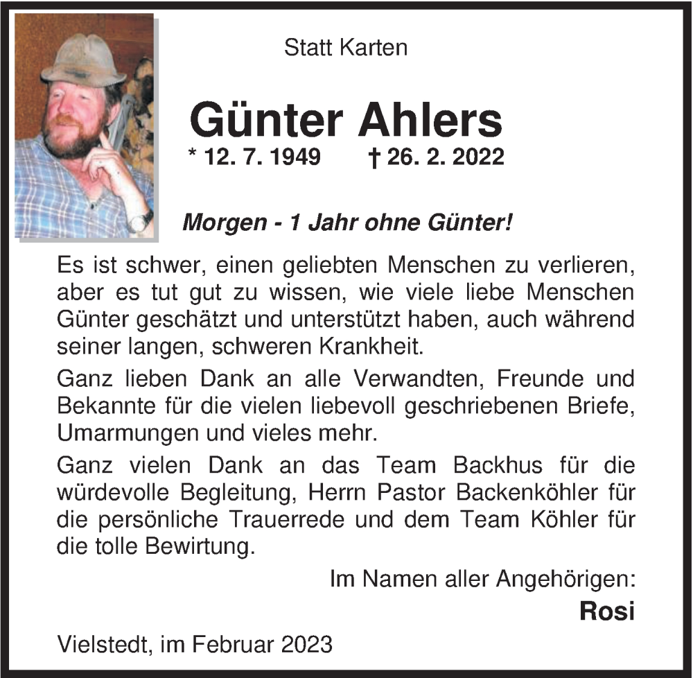  Traueranzeige für Günter Ahlers vom 25.02.2023 aus Nordwest-Zeitung