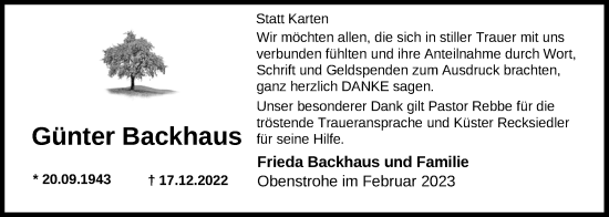 Traueranzeige von Günter Backhaus von Nordwest-Zeitung