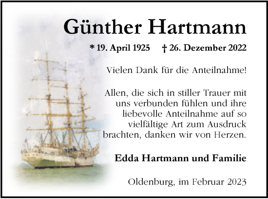Traueranzeige von Günther Hartmann von Nordwest-Zeitung