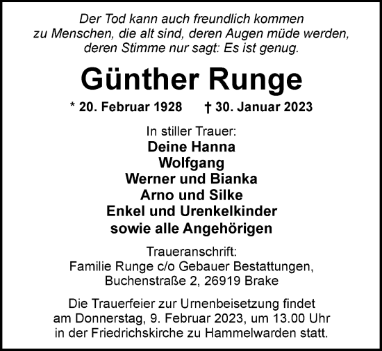 Traueranzeige von Günther Runge von Nordwest-Zeitung