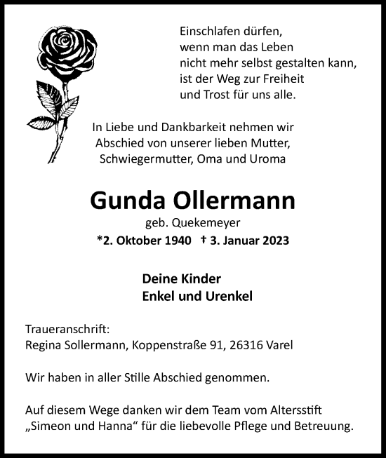 Traueranzeige von Gunda Ollermann von Nordwest-Zeitung