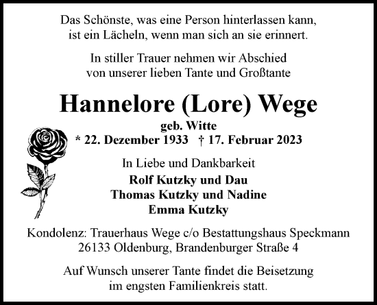 Traueranzeige von Hannelore Wege von Nordwest-Zeitung