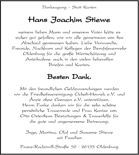 Traueranzeige von Hans Joachim Stiewe von Nordwest-Zeitung