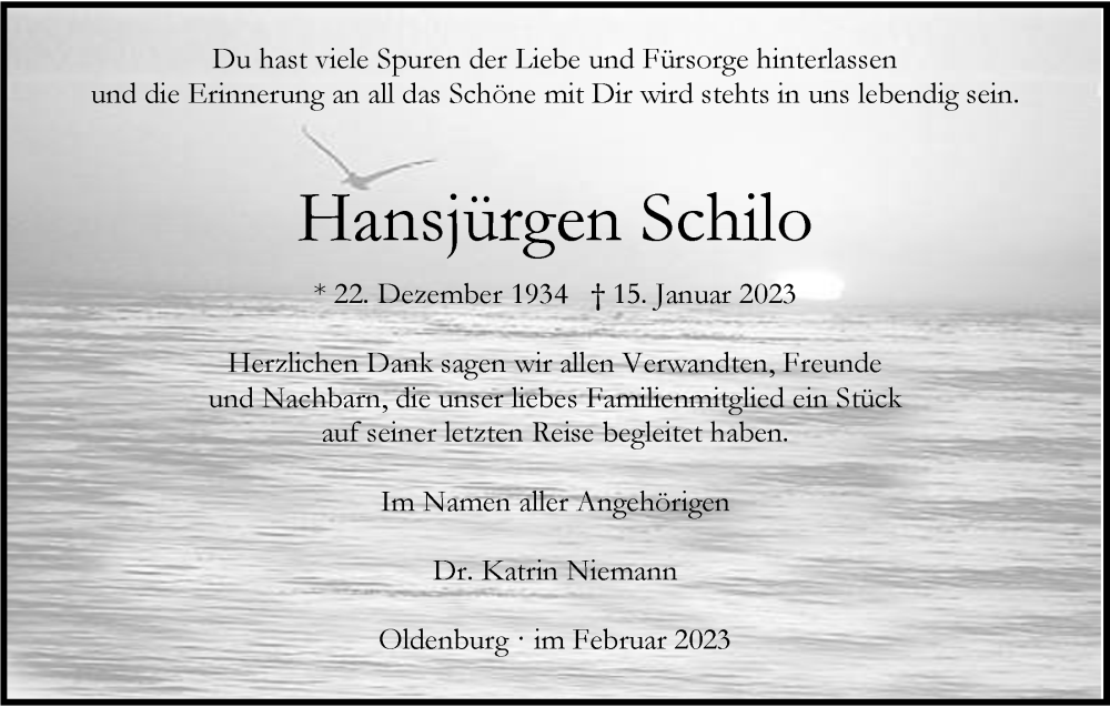  Traueranzeige für Hansjürgen Schilo vom 18.02.2023 aus Nordwest-Zeitung