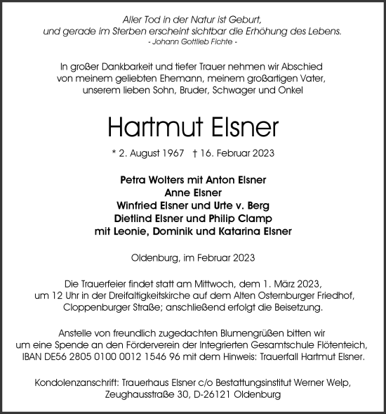 Traueranzeige von Hartmut Elsner von Nordwest-Zeitung