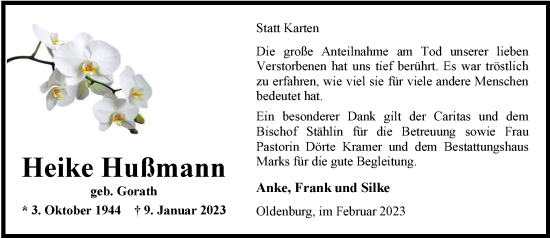 Traueranzeige von Heike Hußmann von Nordwest-Zeitung