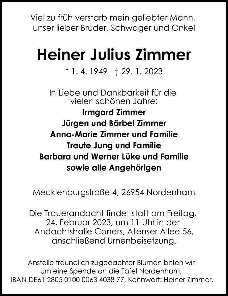  Traueranzeige für Heiner Julius Zimmer vom 04.02.2023 aus Nordwest-Zeitung