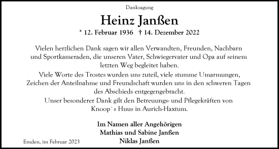 Traueranzeige von Heinz Janßen von Emder Zeitung