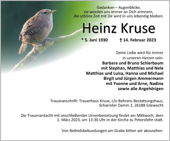 Traueranzeige von Heinz Kruse von Nordwest-Zeitung