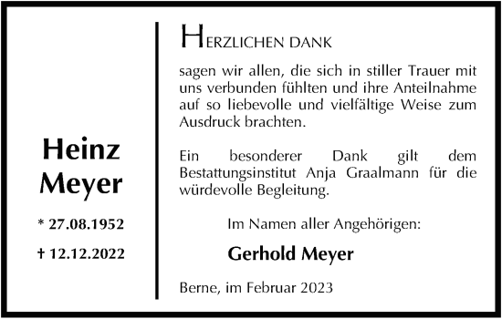 Traueranzeige von Heinz Meyer von Nordwest-Zeitung