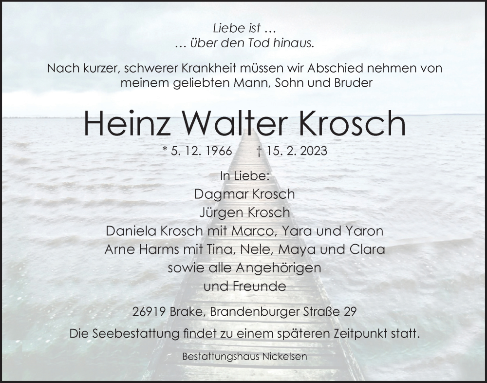  Traueranzeige für Heinz Walter Krosch vom 18.02.2023 aus Nordwest-Zeitung