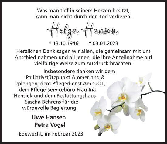 Traueranzeige von Helga Hansen von Nordwest-Zeitung