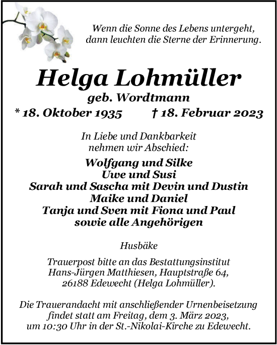 Traueranzeige von Helga Lohmüller von Nordwest-Zeitung