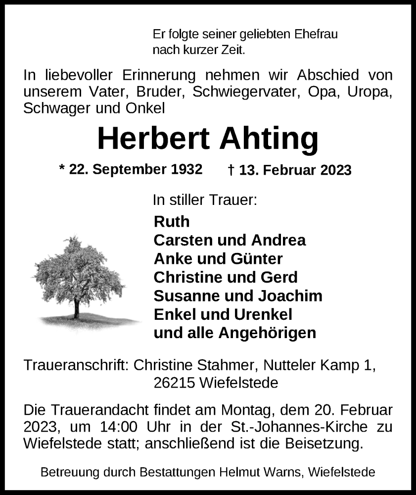  Traueranzeige für Herbert Ahting vom 16.02.2023 aus Nordwest-Zeitung