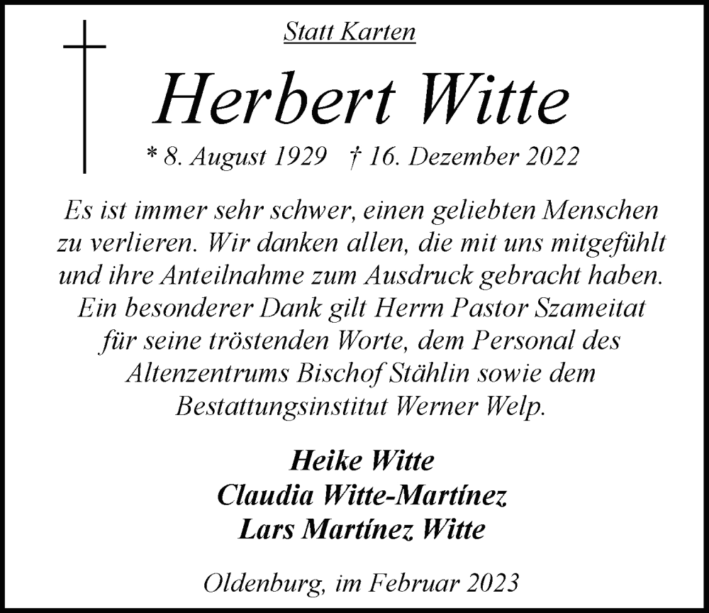  Traueranzeige für Herbert Witte vom 11.02.2023 aus Nordwest-Zeitung