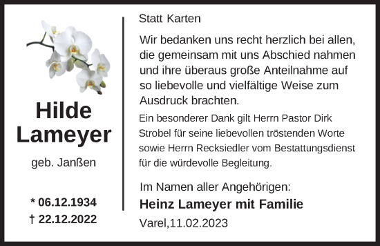 Traueranzeige von Hilde Lameyer von Nordwest-Zeitung