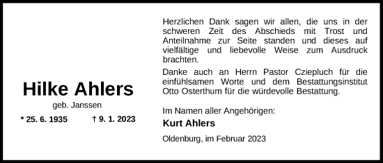 Traueranzeige von Hilke Ahlers von Nordwest-Zeitung