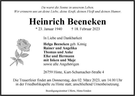 Traueranzeige von Heinrich Beeneken von Emder Zeitung