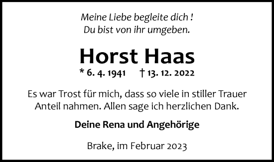 Traueranzeige von Horst Haase von Nordwest-Zeitung