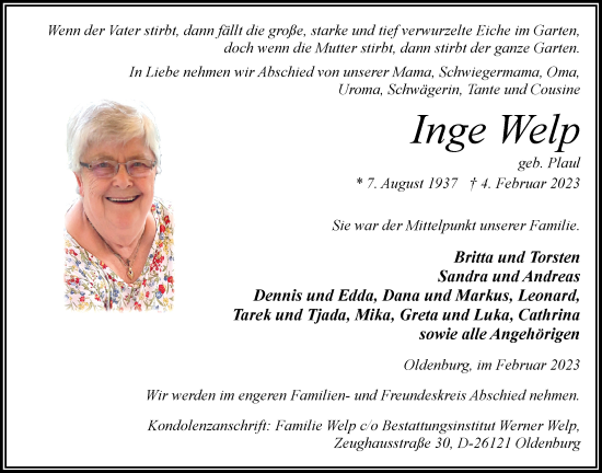 Traueranzeige von Inge Welp von Nordwest-Zeitung