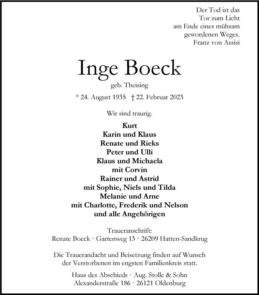  Traueranzeige für Ingeborg Boeck vom 25.02.2023 aus Nordwest-Zeitung