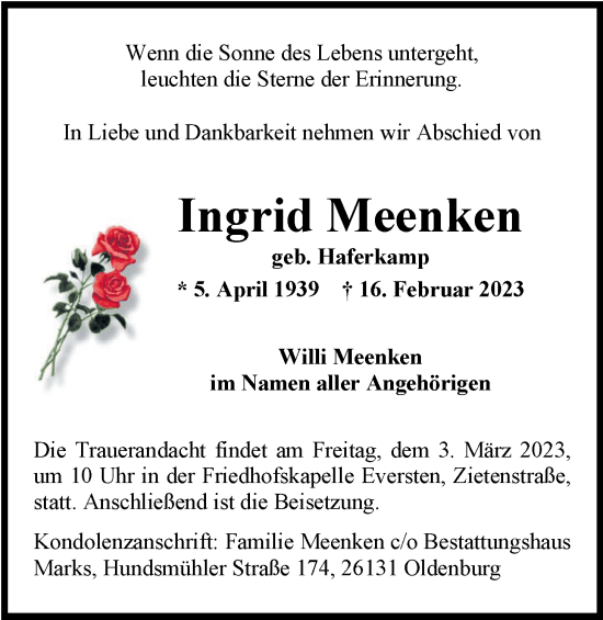 Traueranzeige von Ingrid Meenken von Nordwest-Zeitung