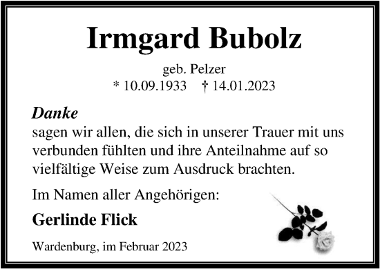Traueranzeige von Irmgard Bubolz von Nordwest-Zeitung