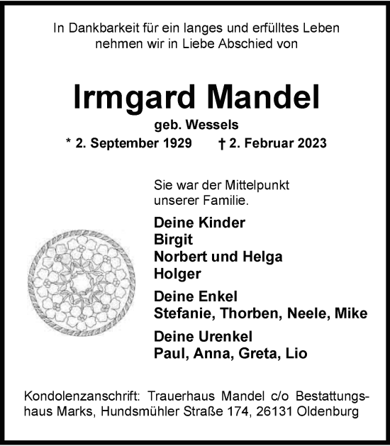 Traueranzeige von Irmgard Mandel von Nordwest-Zeitung