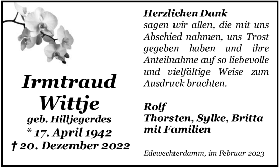 Traueranzeige von Irmtraud Wittje von Nordwest-Zeitung