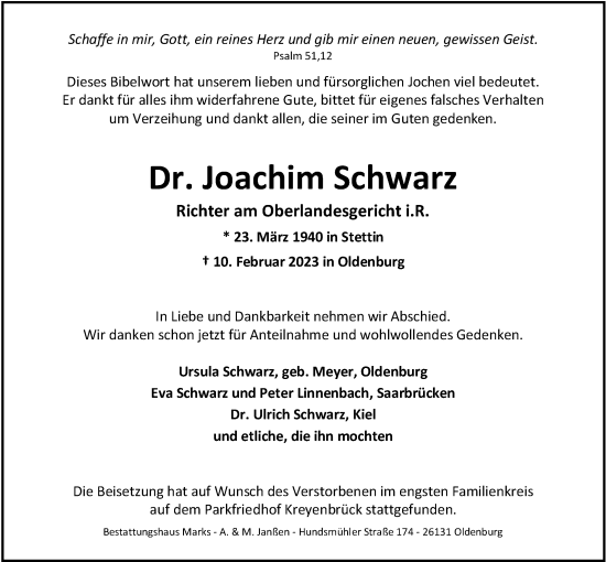 Traueranzeige von Joachim Schwarz von Nordwest-Zeitung