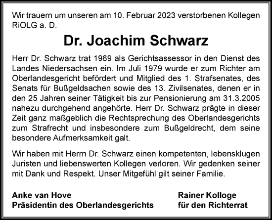 Traueranzeige von Joachim Schwarz von Nordwest-Zeitung