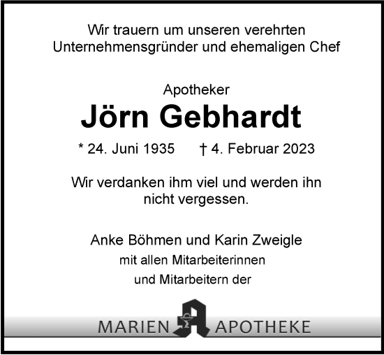 Traueranzeige von Jörn Gebhardt von Nordwest-Zeitung