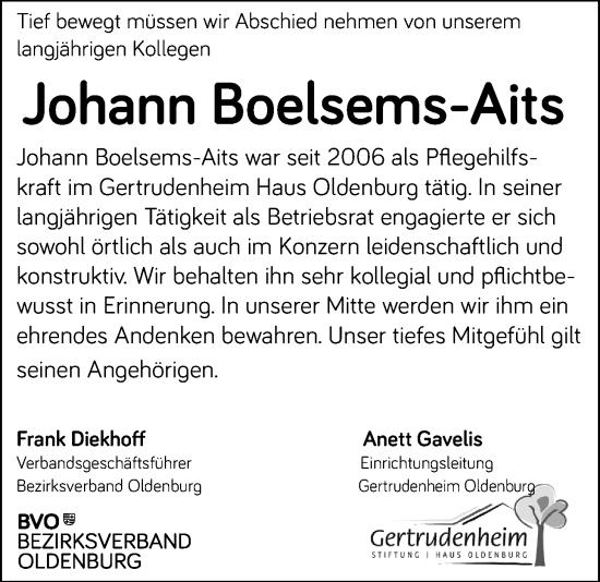 Traueranzeige von Johann Boelsems-Aits von Nordwest-Zeitung