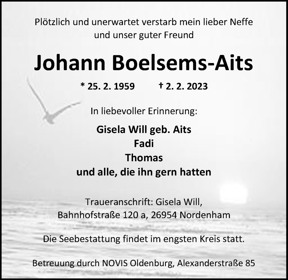  Traueranzeige für Johann Boelsems-Aits vom 11.02.2023 aus Nordwest-Zeitung