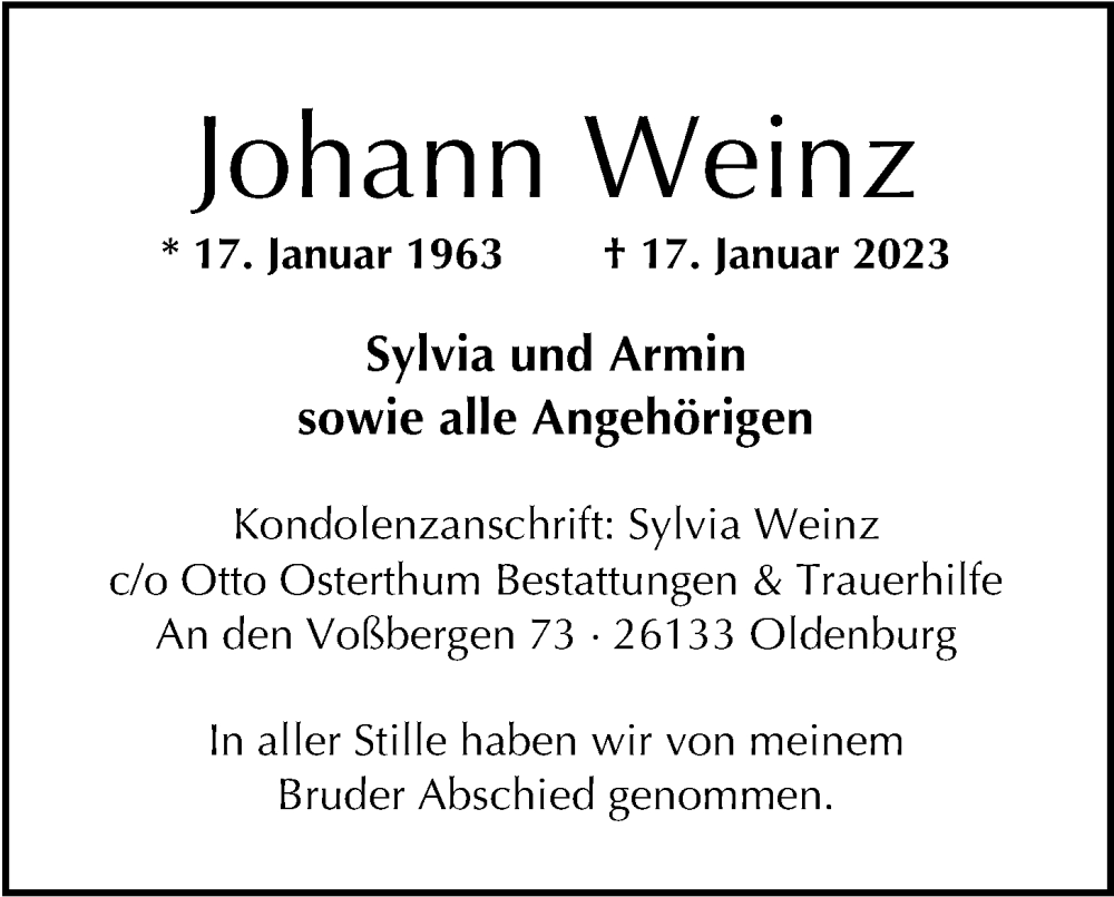  Traueranzeige für Johann Weinz vom 11.02.2023 aus Nordwest-Zeitung